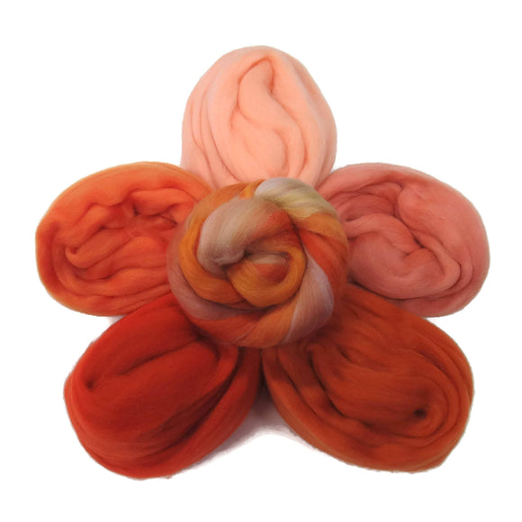 Felters Palette Merino Wool Roving - 5 Burnt Orange Colors combo , Superfine Wool Fibers Assortment (blended roving optional)