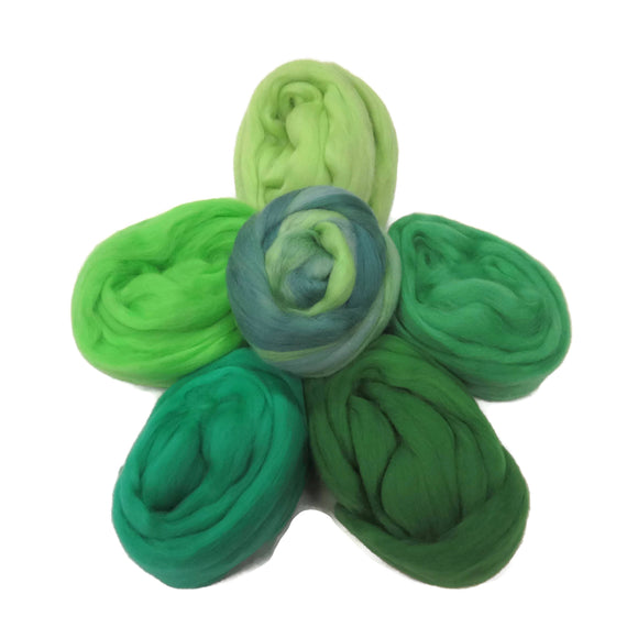 Felters Palette Merino Wool Roving - 5 Green Colors Superfine Wool Fibers Assortment (blended roving optional)