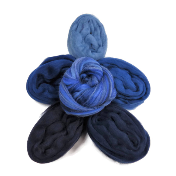 Felters Palette Merino Wool Roving Kit- 5 Denim Blue Colors Superfine Wool Fibers Assortment (blended roving optional)