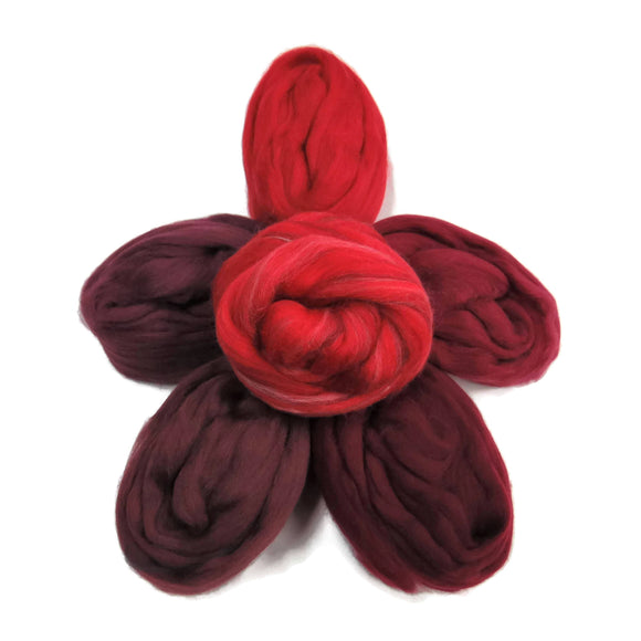 Felters Palette Merino Wool Roving Kit - 5 Dark reds Colors Superfine Wool Fibers Assortment (blended roving optional)