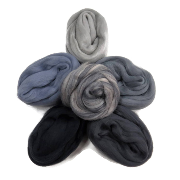 Felters Palette Merino Wool Roving Kit - 5 Gray Colors Superfine Wool Fibers Assortment (blended roving optional)
