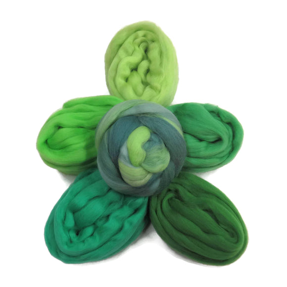 Felters Palette Merino Wool Roving Kit - 5 Bright Greens Colors Superfine Wool Fibers Assortment (blended roving optional)