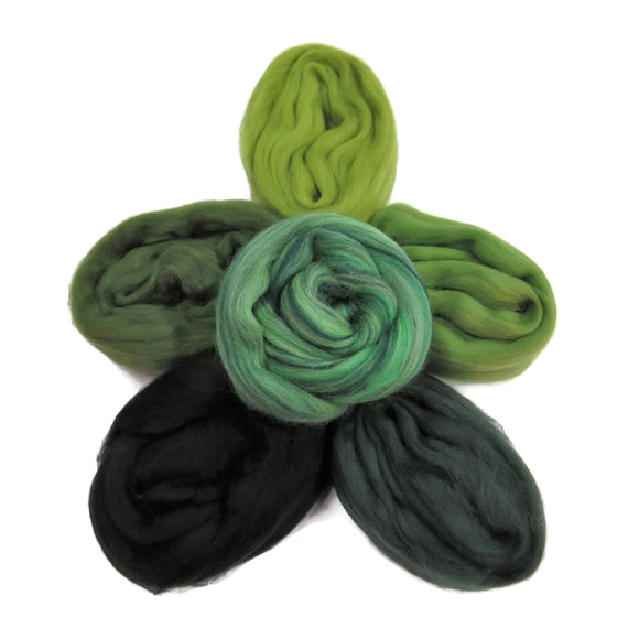 Felters Palette Merino Wool Roving Kit - 5 Green Colors Superfine Wool Fibers Assortment (blended roving optional)
