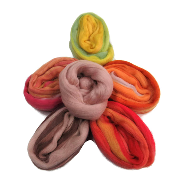 Felters Palette Merino Wool Roving kit - 5 Blended warm colors Colors Superfine Wool Fibers Assortment (shell pink roving optional)