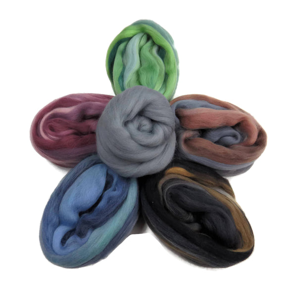Felters Palette Merino Wool Roving Kit - 5 Blended cold colors Colors Superfine Wool Fibers Assortment (gray roving optional)
