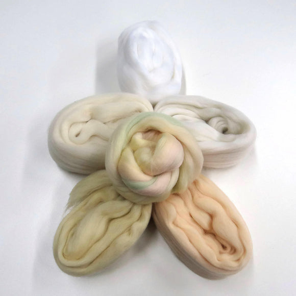 Felters Palette Merino Wool Roving Kit - 5 Soft Whites Colors Superfine Wool Fibers Assortment (blended roving optional)