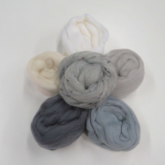 Felters Palette Merino Wool Roving Kit - 5 Colors Superfine Wool Fibers Assortment , (blended roving optional) color: Neutral Grays
