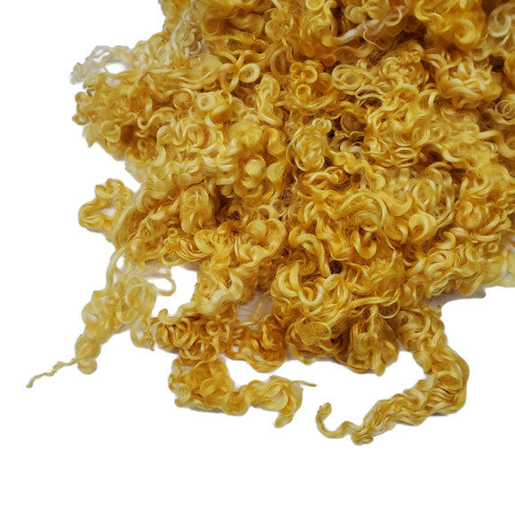 1oz , Prime 2nd clip Teaswater wool locks, 5"  long , Premium locks for tailspinning and felting  color: Yellow  (JD-13B)